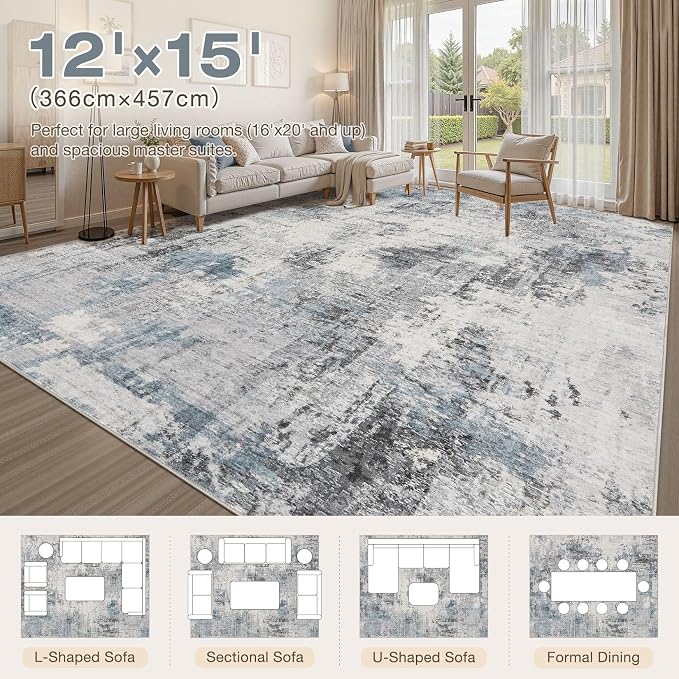 Abstract 12x14 Area Rug: Machine Washable Non Slip Ultra Thin Low-Pile Carpet, Soft Stain Resistant for Living Room Bedroom Office, Kid Pet Friendly, Robot Vacuum Compatible - Grey Blue