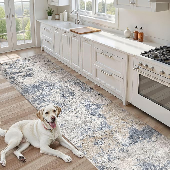 Hallway Washable Runner Rug: 3x10 Abstract Modern Soft Stain Resistant Non-Slip Backing Runner for for Entryway Kitchen Laundry - Blue Brown