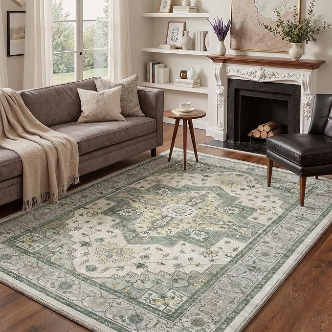 GENIMO 5x7 Area Rugs for Living Room, Machine Washable Non Slip Vintage Rugs, Low Pile Lightweight Chenille Print Rug for Bedroom, Dining Room, Home Office, Sage Green