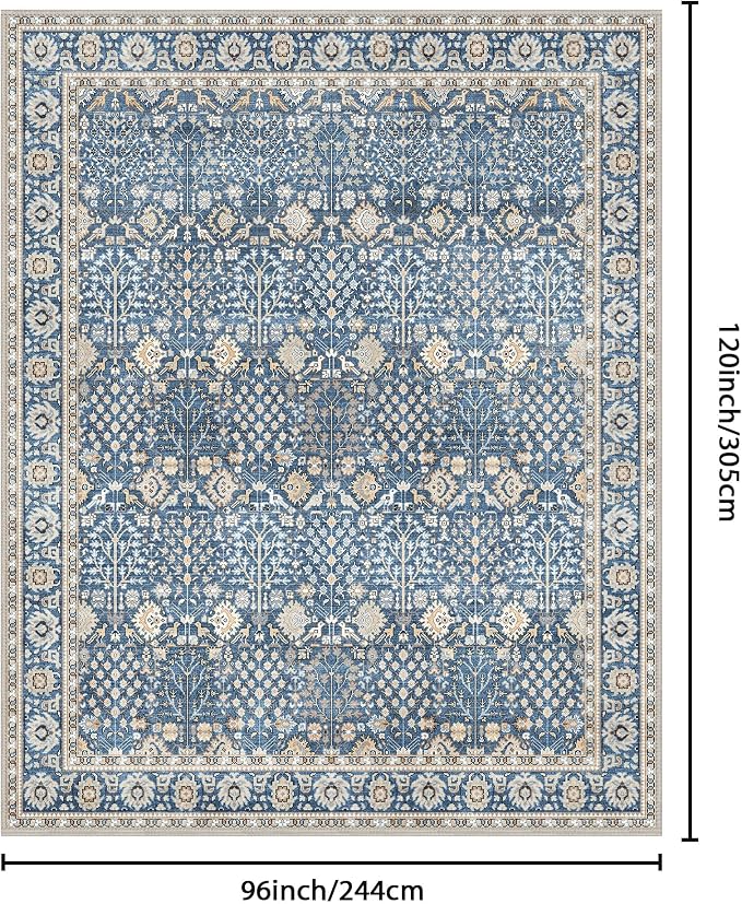 Bavni Washable Rugs 8x10-Machine Washable Rug Lightweight Low Pile, Vintage Floral Rug Non-Shedding Distressed Throw Carpet for Living Room Bedroom Office, Lake Blue