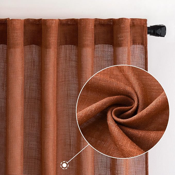 MIULEE Burnt Orange Linen Curtains 84 Inch Length for Bedroom Living Room, Soft Thick Linen Textured Window Drapes Terracotta Rust Boho Fall Decor Semi Sheer Light Filtering Back Tab 2 Panels