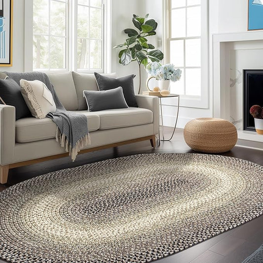 Super Area Rugs Braided Rugs Farmhouse Kitchen Rug - Ridgewood Gray Braided Rug for Living Room - Reversible - Indoor/Outdoor - Made in USA - Graphite/Beige, 10' X 13' Oval