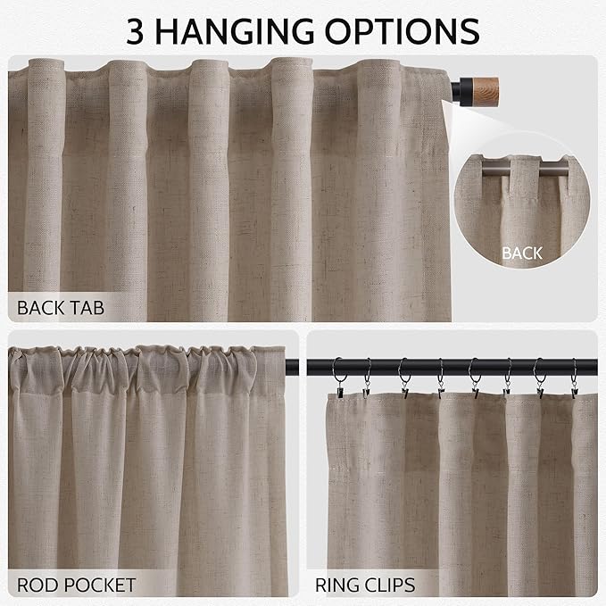 Ecru Linen Curtains for Living Room 98 Inches Long Light Filtering Semi Sheer Curtain Back Tab Rustic Farmhouse Decor Burlap Elegant Soft Luxury Boho Drapes for Bedroom Dinner Room 52x98, 2 Panels