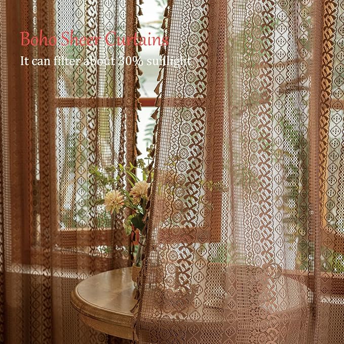 Sutuo Home Boho Curtains 2 Panels for Kitchen Nursery, Sheer Lace Curtains Bohemian Crochet Privacy Vintage Country Tassels Taupe Window Treatments Rustic Geometry Rod Pocket, 50" x 63" Dark Coffee