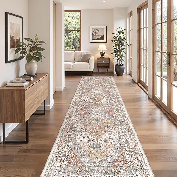 zesthome 2x7 Runner Rug Non Slip, Thin Entryway Washable Rug for Entryway, Runners for Hallways, Low Pile Vintage Abstract Soft Rugs for Living Room, Kitchen, Bedroom(Orange,2'x7')