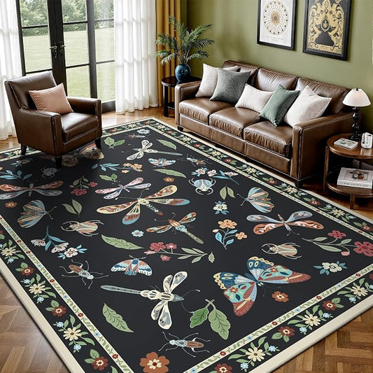 Rugs for Living Room, Insect 6x9 Washable Rug Non Slip with Rubber Back, Ultra Soft Large Area Rug for Bedroom, Dining Room, Nursery(Dark Black Butterfly)