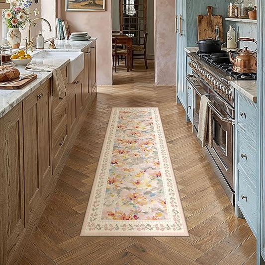 2x5 Washable Runner Rug Beige Pink Floral Abstract Hallway Kitchen Throw Rug Modern Non Slip Soft Low Pile Carpet for Bathroom Laundry Bedroom Living Room