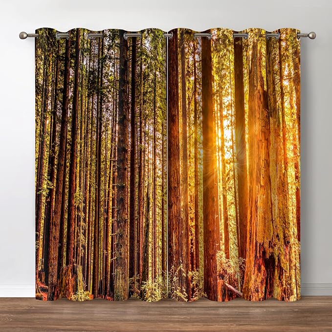 Jekeno Sunset Forest Blackout Curtains - Room Darkening Window Drapes Retro Autumn Sunset Forest Nature Landscape Print Decor Home Bedroom Living Room Grommet Window Drapes 2 Panel Set, 52"x84"