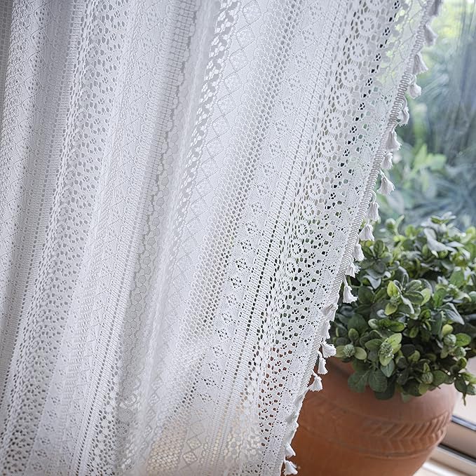 WAZZIO Boho Lace Curtains 84 Inches 2 Panel,Light Filtering Privacy Tassel & Geometry Crochet Semi Sheer Curtain Drapes for Bedroom Living Dining Room,Rod Pocket & Tassel,Victorian Decor,Off White
