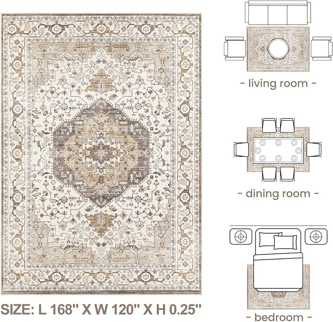 Area Rug for Living Room - 10x14 Soft Washable Oriental Vintage Floral Distressed Large Carpet - Fade Stain Resistant Non Slip Rugs for Bedroom Dining Room Nursery Dorm Office Home Decor-Camel/Beige