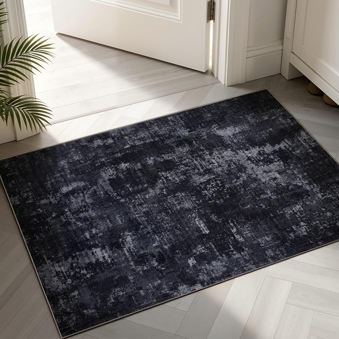 Sasttie 2x3 Area Rug for Entryway, Washable Modern Abstract Small Carpet for Living Room Bedroom Door-mat, Soft Entry Rug with Non-Slip Backing, Black and Grey