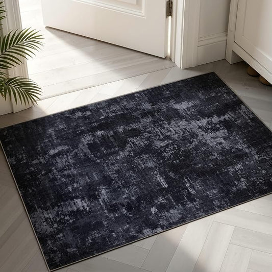 Sasttie 2x3 Area Rug for Entryway, Washable Modern Abstract Small Carpet for Living Room Bedroom Door-mat, Soft Entry Rug with Non-Slip Backing, Black and Grey