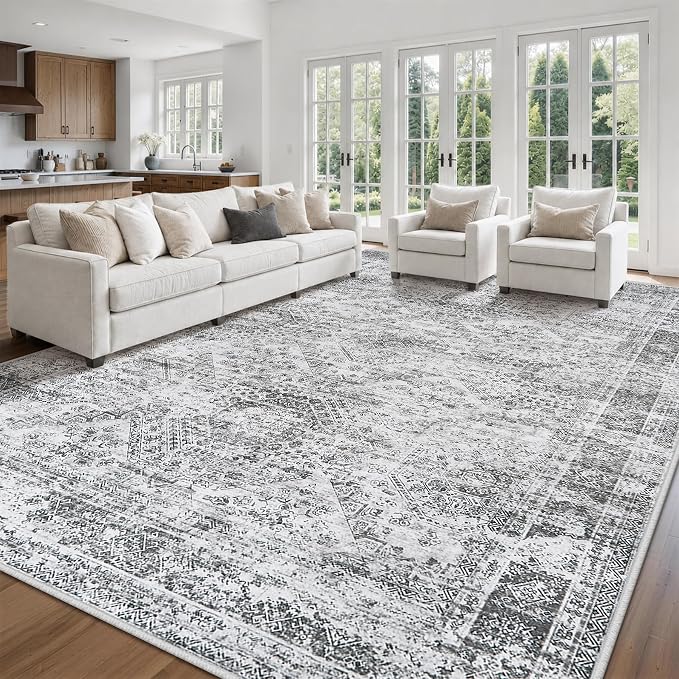 9x12 Area Rugs for Living Room Rug Washable: Abstract Large Rug for Dining Room Bedroom Carpet Non Slip 9 by 12 Indoor Modern Nursery Home Office Grey