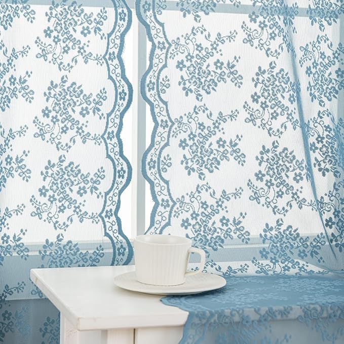 YJ YANJUN Vintage Lace Curtains 63 Inch Length - Victorian Floral Pattern Stone Blue Sheer Curtains for Boys Bedroom Privacy Summer Beach Themed Ocean Coastal Room Decor 2 Panels W52 x L63 Dusty Blue