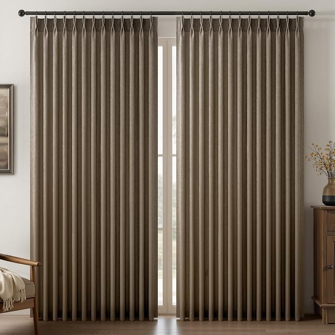 Pinch Pleated Linen Curtains 84 Inch Length 2 Panels for Bedroom Living Room Textured Dark Flax Semi Sheer Window Curtain Boho Neutral Back Tab Pinch Pleat Drape with Hooks 84 Inches Long