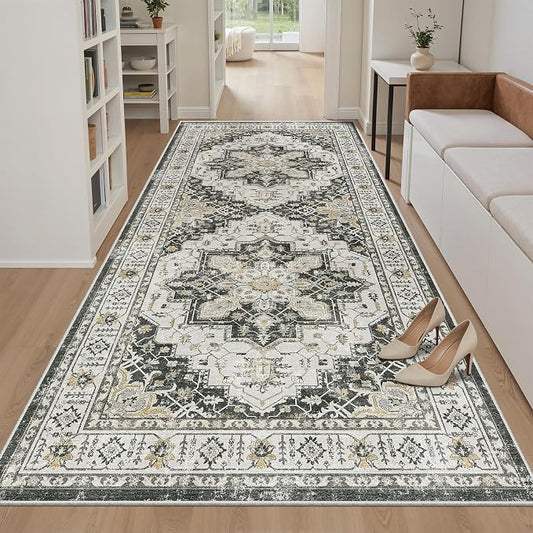 Madane 4x8 Wide Hallway Runner Rug Washable for Living Room, Black | Soft Stain Resistant Ktichen Runners 8ft, Vintage Non Slip Low Pile Area Rugs, Thin Floor Carpet for Bathroom Dining Bedroom