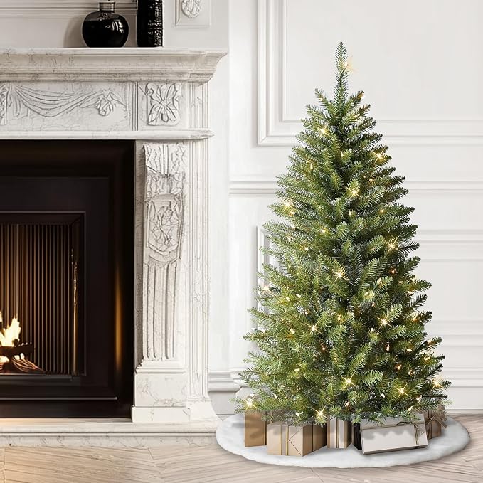 Puleo International 4.5ft Pre-Lit Fraser Fir Pencil Christmas Tree with 150 Clear Lights, 401 Realistic Dense Branch Tips, Easy Setup Artificial Trees with Sturdy Metal Stand