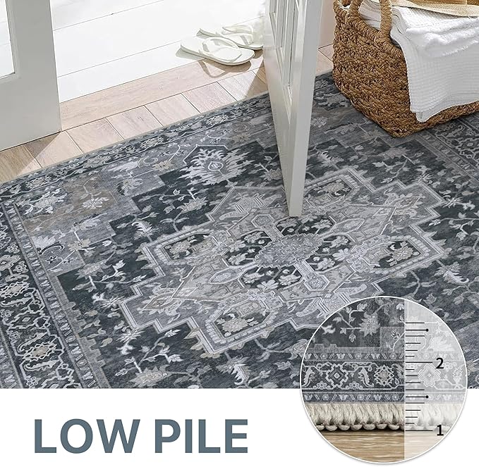 GENIMO 8x10 Area Rugs for Living Room, Machine Washable Non Slip Vintage Rugs, Low Pile Lightweight Print Rug for Bedroom, Dining Room, Home Office,Dark Gray
