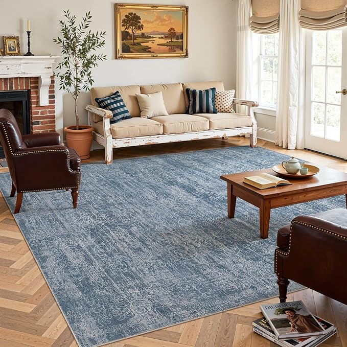 DMOYEST Area Rug Living Room Rugs - 6x9 Washable Large Soft Indoor Neutral Modern Abstract Low Pile Rug Carpet for Bedroom Dining Room Farmhouse Home Office - Dark Blue