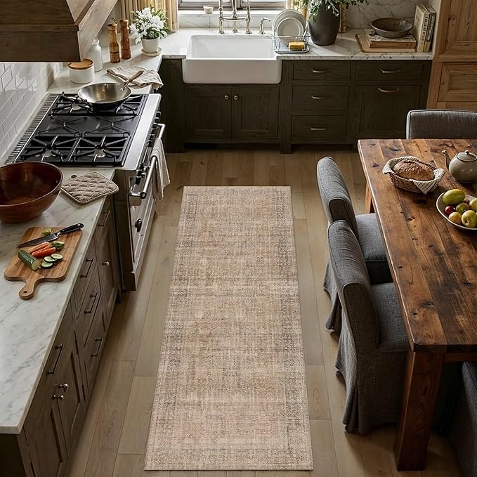 HUGEAR Retro 2x8 Washable Runner Rugs Brown Hallway Bedroom Kitchen Throw Carpet Vintage Distressed Neutral Stain Resistant Non Slip & Shedding Low Pile for Home Aesthetic Decor