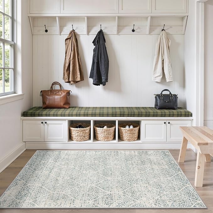Soalmost 3x5 Area Rugs for Entryway, Washable Moroccan Trellis Soft Rug | Low Pile Non-Slip Throw Area Rugs, Accent Rug Indoor Mat for Bedside Living Room Kitchen Bedroom Teal Blue