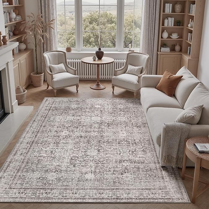 DCX Gray 8x10 Rug, Kid & Pet Friendly with Rubber Back Non Slip, Machine Washable Stain Resistant Vintage Traditional Distressed Carpet, Rug for Living Room, Bedroom, Home Decor