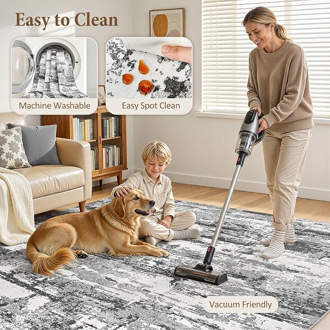 Area Rugs 5x7 Living Room: Washable Large Abstract Modern Neutral Soft Rug Stain Resistant Non-Slip Backing Carpet for Bedroom Dining Room Indoor Nursery Dorm Home Office Decor - Black Grey