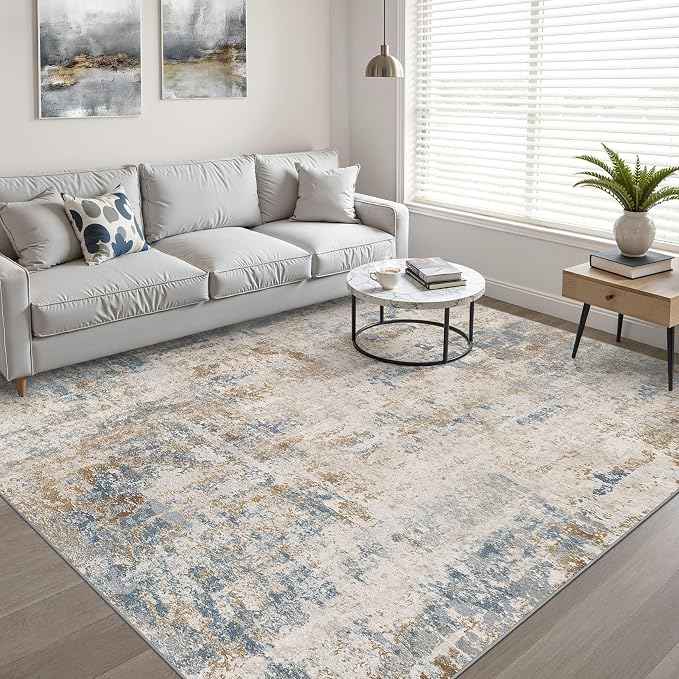 7x9 Area Rug Living Room: Washable Large Neutral Rug Abstract Soft Modern Stain Resistant Indoor Floor Non-Slip Carpet for Bedroom Nursery Kids Office Playroom Dining Room Under Table- Blue Brown