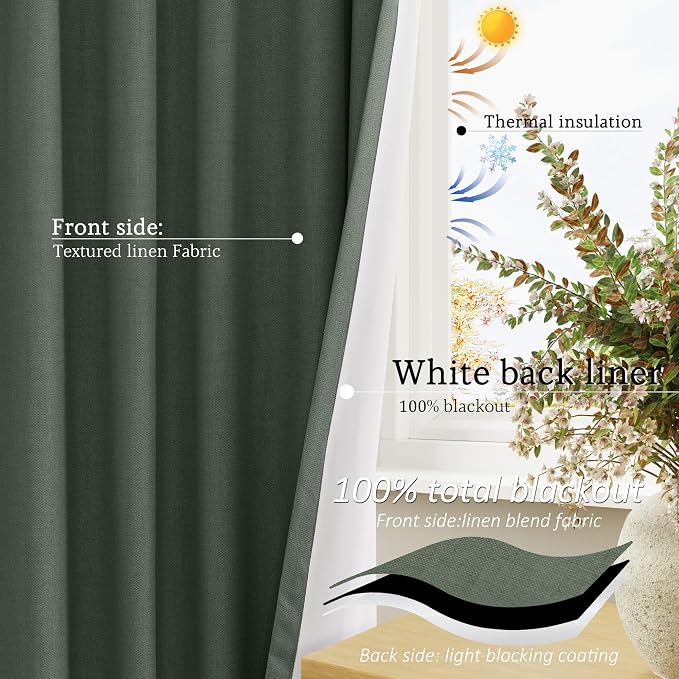 Jowels Olive Green Linen Blackout Curtains 102 Length 2 Panels Set for Living Room Bedroom, 100% Black Out Thermal Insulated Linen Drapes, Room Darkening Grommet Curtains 102 Inches Long