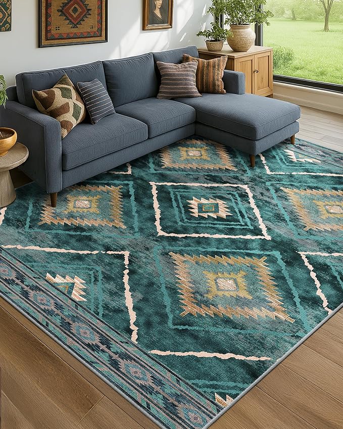 BESTSWEETIE Area Rug 8x10 Rug Machine Washable Non-Slip Low Pile Print Pattern Western Rug for Living Room Bedroom Entryway Tribal Series -Teal/Green