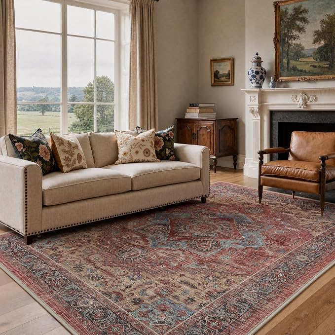 GENIMO 5X7 Area Rugs for Living Room, Machine Washable Non Slip Vintage Rugs, Floral Medallion Low Pile Rug for Bedroom, Dining Room, Home Office, Dusty Red