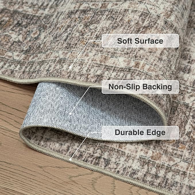 FMFUNCTEX 5ft Round Washable Area Rug Taupe Vintage Neutral Distressed Non Slip Carpet for Living Room Bedroom Soft Low Pile Indoor Mat Retro Floral Thin Rug for Dining Room Office Nursery Bedside