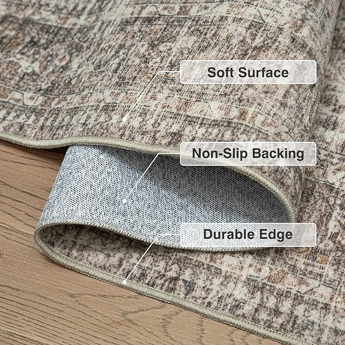 FMFUNCTEX 4ft Round Washable Area Rug Taupe Vintage Neutral Distressed Small Non Slip Carpet for Living Room Bedroom Soft Low Pile Indoor Mat Retro Thin Throw Rug for Dining Room Kitchen Office