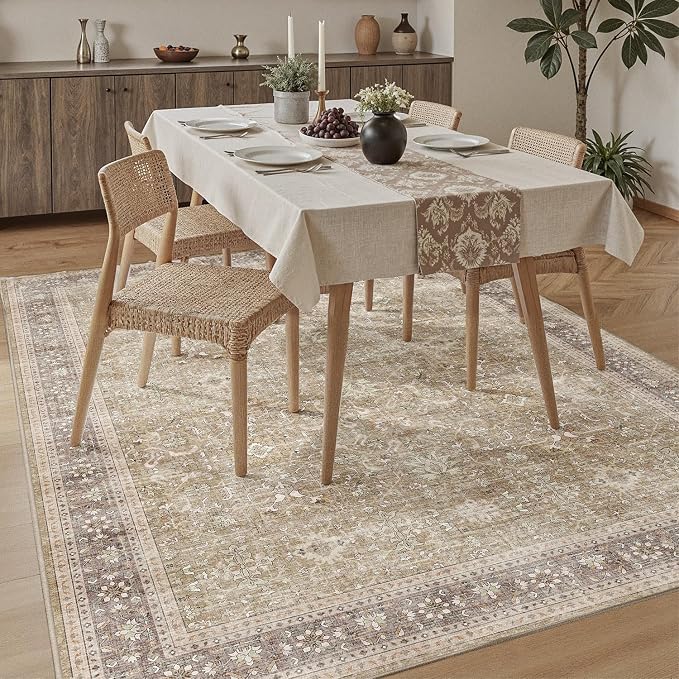 DCX Beige and Taupe 8x10 Rug, Kid & Pet Friendly with Rubber Back Non Slip, Machine Washable Stain Resistant Vintage Traditional Distressed Carpet, Rug for Living Room, Bedroom, Neutral Home Decor