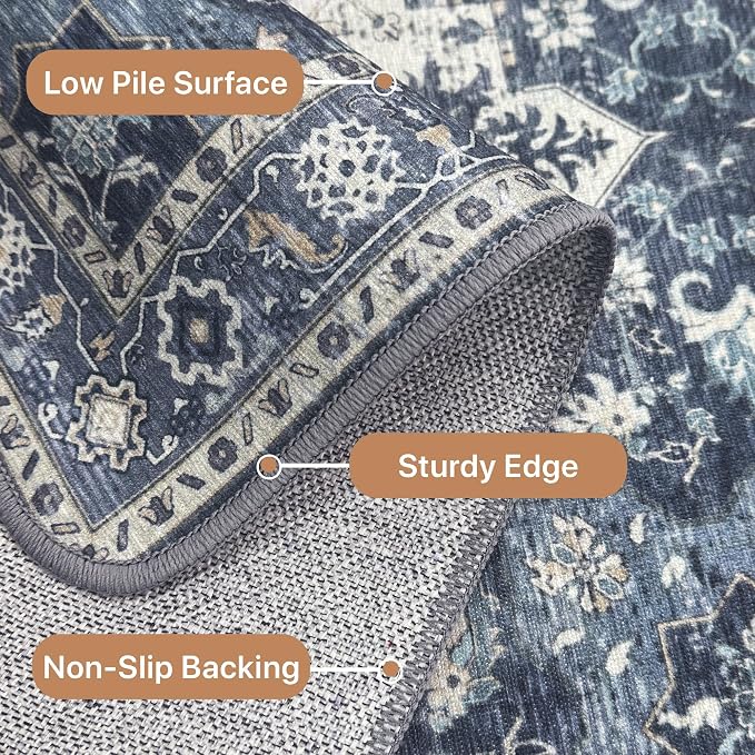 GENIMO 10x14 Area Rugs for Living Room, Machine Washable Non Slip Vintage Rugs, Low Pile Lightweight Print Rug for Bedroom, Dining Room, Home Office, Center Blue