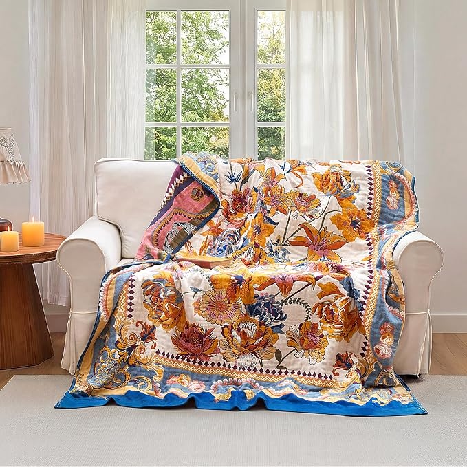 Boho Throw Blanket - 90"x90" 100% Cotton Ultra Soft Lightweight Blanket, 4-Layer Breathable Muslin Blankets for Bed Couch, Reversible Yellow Floral Printed Bohemian Cotton Quilt