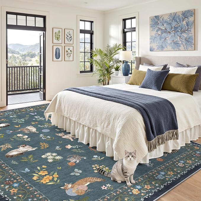 Soalmost Cat 9x12 Area Rugs for Living Room, Machine Washable Animal Floral Vintage Rug Non-Slip Low Pile Soft Throw Large Rugs for Classroom Bedroom Dining Room Nursery Playroom (9 x 12,Navy Blue)