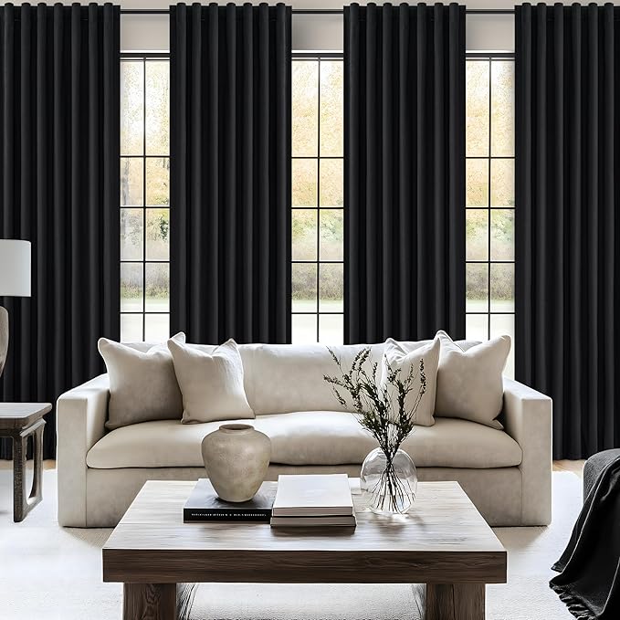 QJmydeco Black 144 Inch Extra Long Curtains for Living Room,Luxury Linen Blackout Ceiling Track Curtain Rod Pocket for Sliding Glass Doors Large Window Pleated Heavy Drapes 2 Panels Set (W50 xL144)