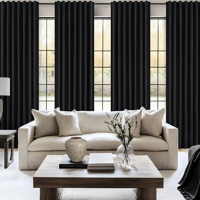 Black Out Kitchen Curtains 54 Inch Length 2 Panels Set, Modern Pleated Linen Blend Blackout Windows Curtain Back Tab Rod Pocket for Cafe/Cabin Winter Thermal Insulated Heavy Drapes 50"W x 54"L Long