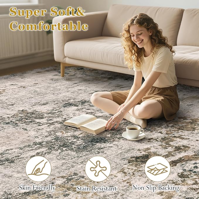 Area Rugs 5x8 Living Room: Washable Large Abstract Modern Neutral Soft Rug Stain Resistant Non-Slip Backing Carpet for Bedroom Dining Room Indoor Nursery Dorm Home Office Decor - Dark Brown