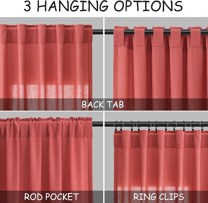 Nanspring Watermelon Red Curtains 108 Inches Long 2 Panels, Semi Sheer Back Tab Loop Pocket Large Window Curtain Extra Long Light Filtering Drapes High Ceiling Drape for Living Room 52x108