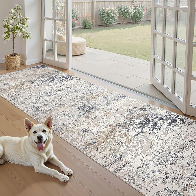 DMOYEST 3x10 Washable Runner Rug for Hallway: Soft Neutral Modern Abstract Low Pile Rug Indoor - Carpet for Bedroom Dining Room Kitchen Entryway - Beige Blue