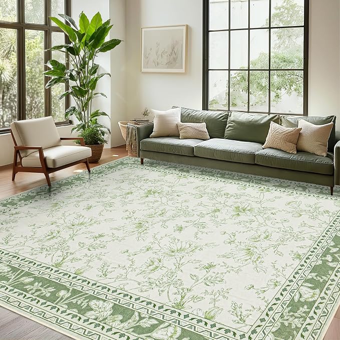 Green Boho 9x12 Rug Living Room Extra Large Washable Non Slip Soft Faux Wool Farmhouse Carpet for Bedroom Dining Room Playroom Cream Beige and Green Peony Lily Aesthetic Pattern Floral Area Rug