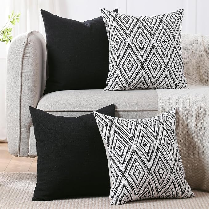 HPUK Throw Pillow Covers 20x20 Inch Set of 4, Linen Decorative Pillow Covers, Accent Cushion Covers for Couch Sofa Bed Bedroom Living Room Décor, Black