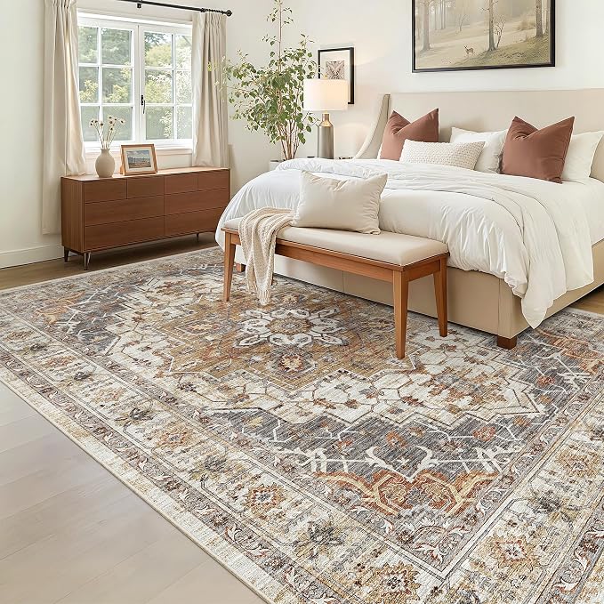 Madane 5x7 Area Rugs for Living Room, Stain Resistant Washable Rugs, Non-Slip Backing Area Rug, Vintage Home Decor Rug for Bedroom (Turmeric/Grey, 5'x7')