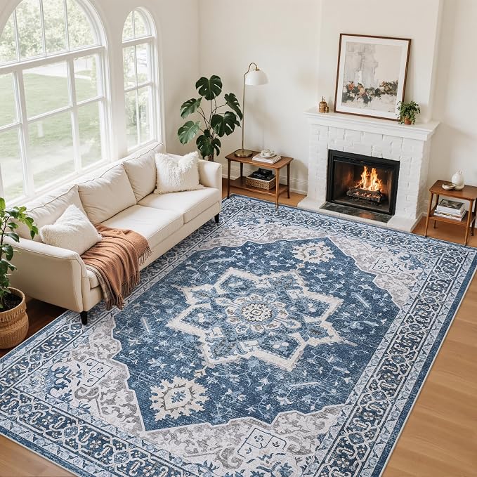 5x7 Area Rugs for Living Room:Blue Washable Vintage Medallion Boho Rug Non-Slip No Slip Stain Resistant Soft Low Pile Large Rugs Indoor Retro Carpet for Bedroom Nursery Dining Office (Blue 5'x7')