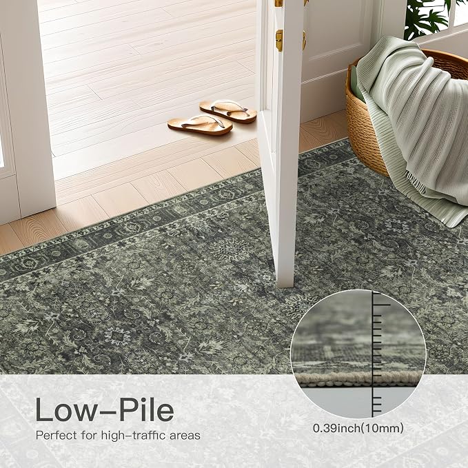 5x7 Vintage Washable Area Rug for Living Room,Low Pile Non Slip Carpet Non-Shedding Area Rug Soft Indoor Stain Resistant Rug Floral Print Mat for Bedroom Dining Room Green Floral