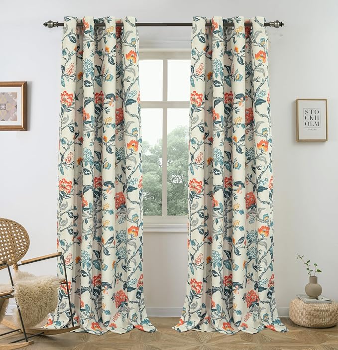 DriftAway Ada Floral Botanical Print Flower Leaf Lined Thermal Insulated Room Darkening Blackout Window Curtains 2 Layers Set of 2 Panels Each 52 Inch by 96 Inch Linen Orange Teal