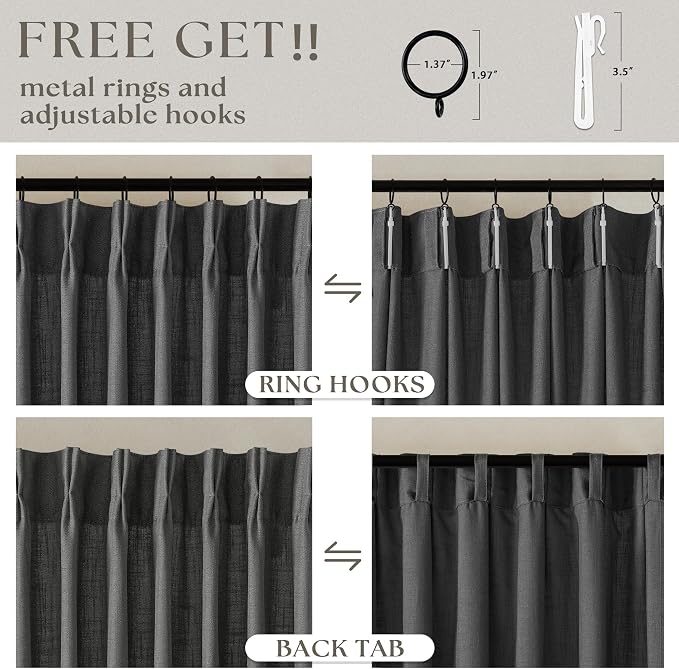 TWODRAPES Dark Grey 80 Inch Pinch Pleated Linen Curtains 2 Panel Set for Living Room Thick Linen Drapes 80 Inches Long Pinch Pleat Drapes Semi Sheer Curtain for Dining Bedroom Office Charcoal Gray