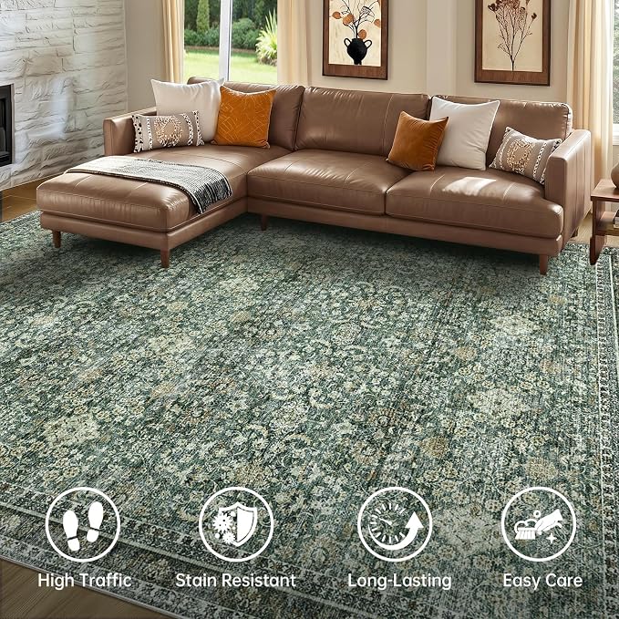 Sasttie 5x7 Area Rugs, Ultra-Soft Washable Rug, Low Pile Foldable Thin Carpets with Non-Slip Backing, Skin-Friendly Stain Resistant Carpet for Living Room, Bedroom, Kitchen, Dorm, 5x7, Dark Green